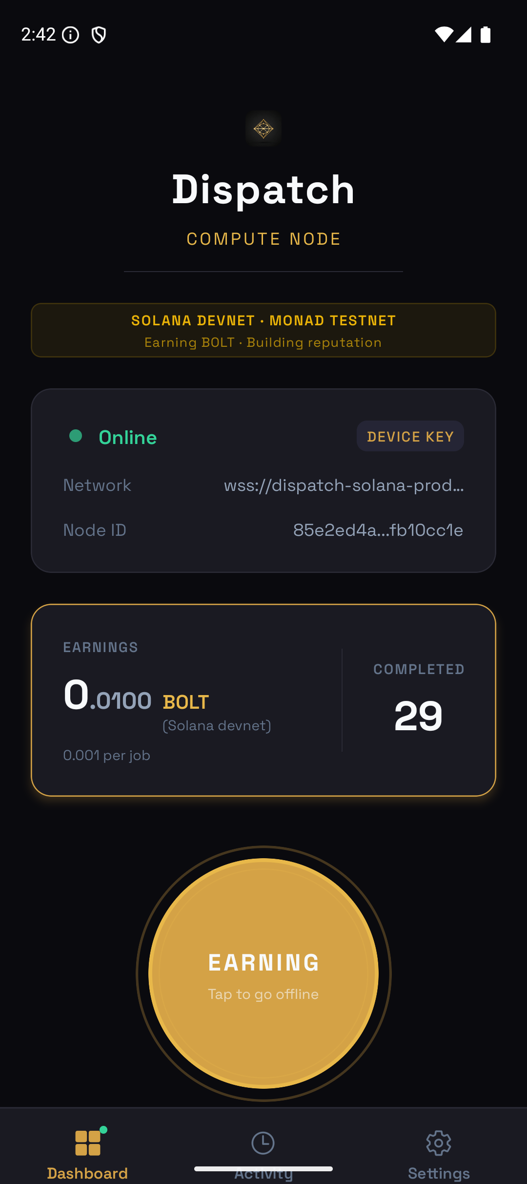 Dispatch Seeker app dashboard showing earnings and job history